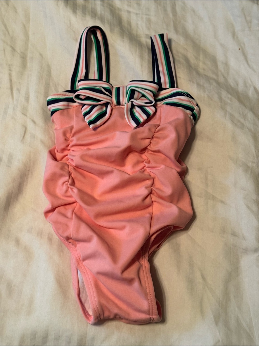 Janie and Jack — Girls Pink One-Piece Swimsuit with Striped Bow Accent